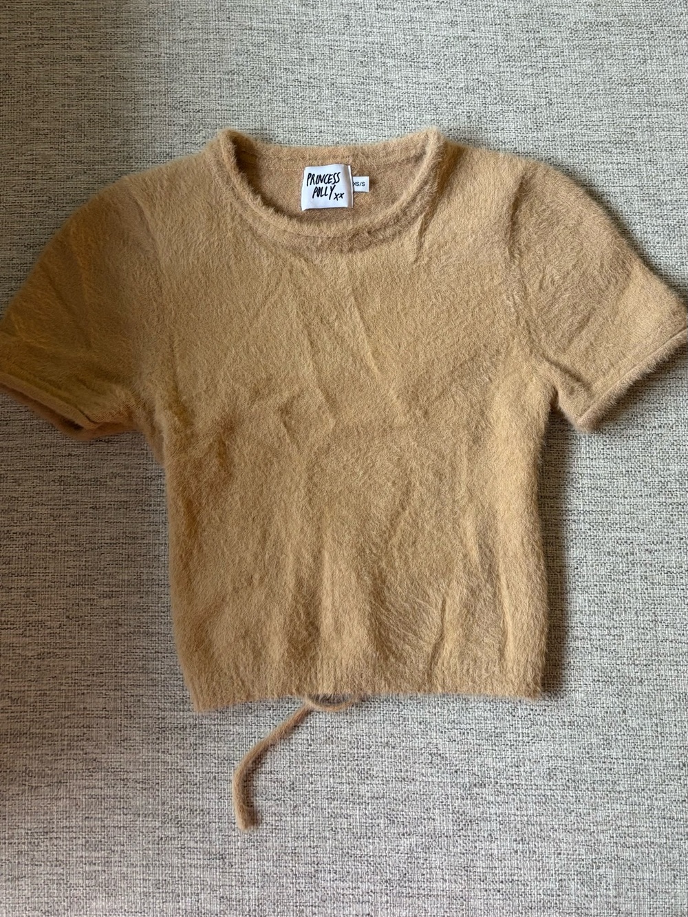 Princess Polly Tan Short-Sleeve Fuzzy Knit Top